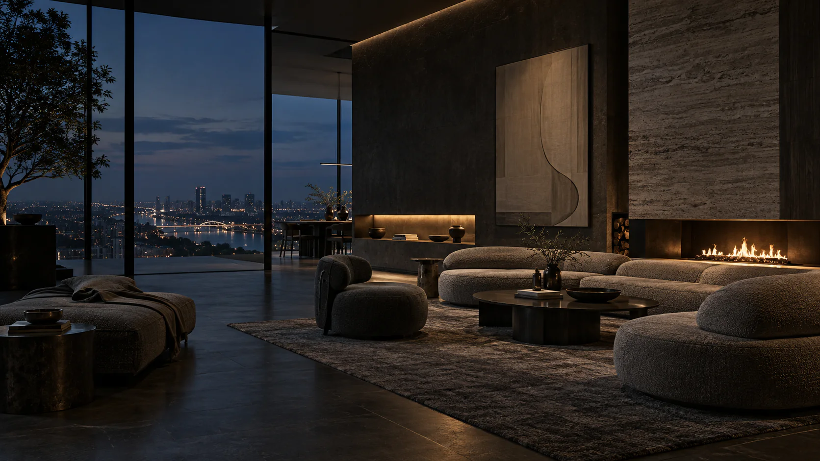 Living contemporan premium cu șemineu și vedere nocturnă asupra orașului